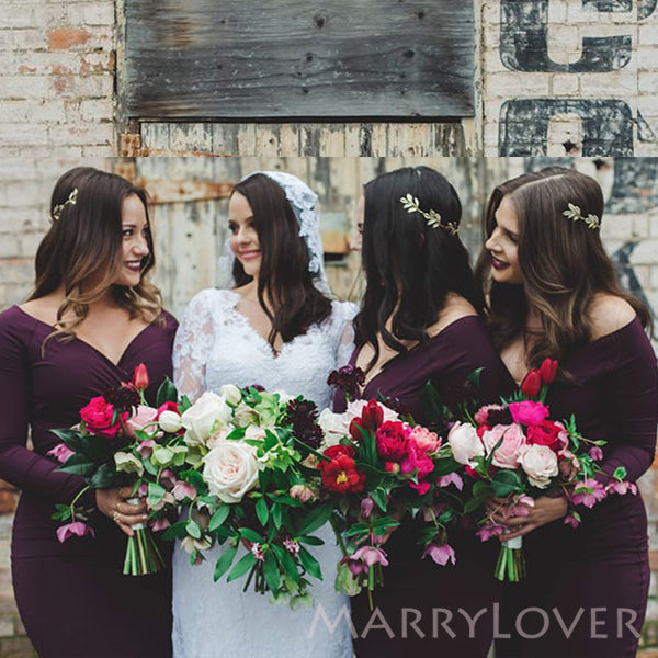 Mermaid V-neck Long Sleeves Cheap Long Custom Bridesmaid Dresses, Short Bridesmaid Dress, MRB0094