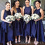 Navy Blue Satin A-line Custom Cheap Long Custom Bridesmaid Dresses, Short Bridesmaid Dress, MRB0101