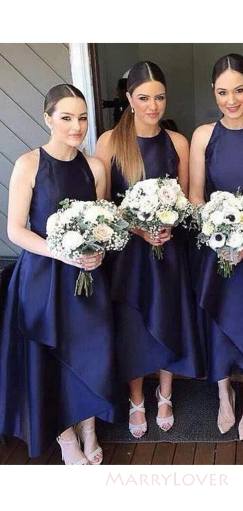 Navy Blue Satin A-line Custom Cheap Long Custom Bridesmaid Dresses, Short Bridesmaid Dress, MRB0101