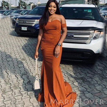 Off Shoulder Burnt Orange Mermaid Cheap Long Custom Bridesmaid Dresses, MRB0102