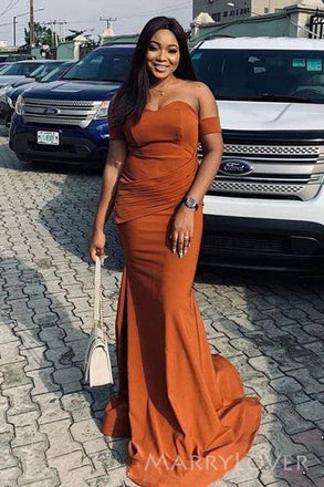 Off Shoulder Burnt Orange Mermaid Cheap Long Custom Bridesmaid Dresses, MRB0102