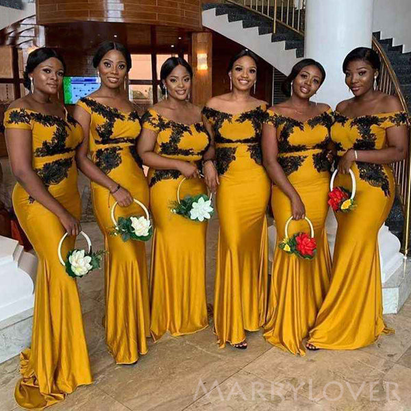 Gold Satin Appliques Mermaid Custom Cheap Off Shoulder Long Custom Bridesmaid Dresses , MRB0104