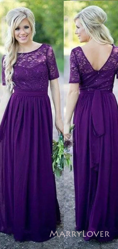 A-line Purple Chiffon Lace Half Sleeves Custom Cheap Long Custom Bridesmaid Dresses, MRB0105