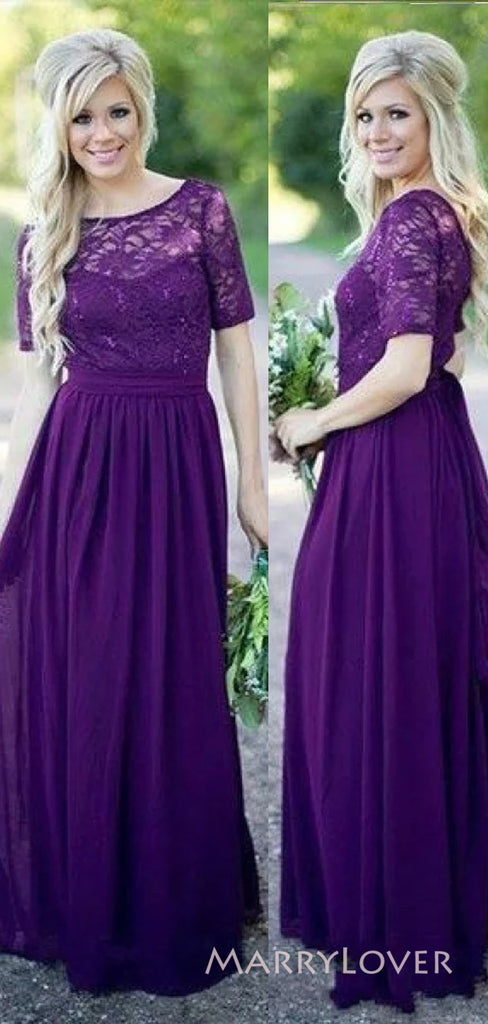 A-line Purple Chiffon Lace Half Sleeves Custom Cheap Long Custom Bridesmaid Dresses, MRB0105