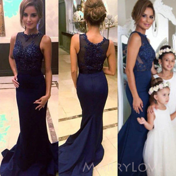 Mermaid Navy Blue Custom Cheap Appliques Long Custom Bridesmaid Dresses, MRB0106