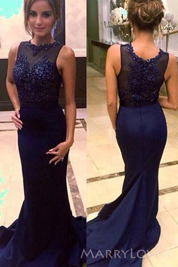 Mermaid Navy Blue Custom Cheap Appliques Long Custom Bridesmaid Dresses, MRB0106