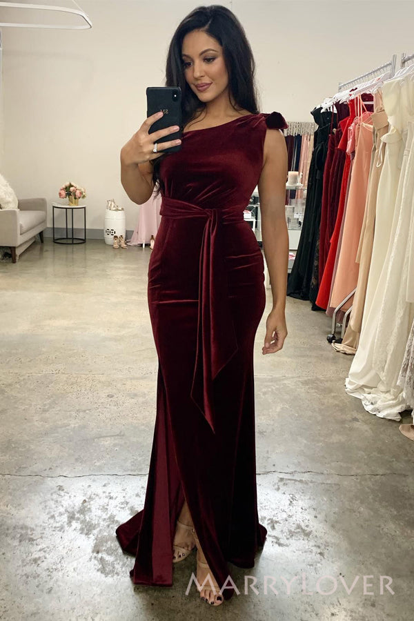 Burgundy Velvet One Shoulder Mermaid Custom Long Custom Bridesmaid Dresses, MRB0107