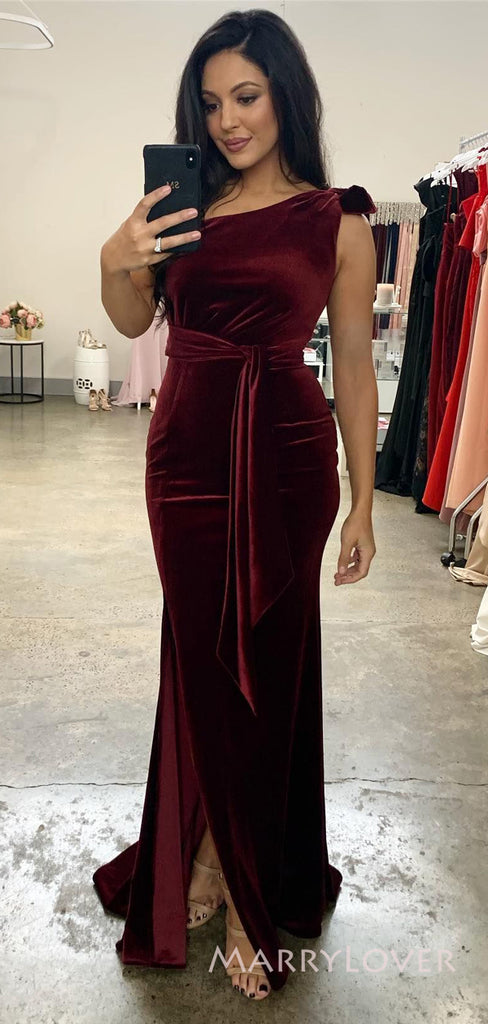 Burgundy Velvet One Shoulder Mermaid Custom Long Custom Bridesmaid Dresses, MRB0107