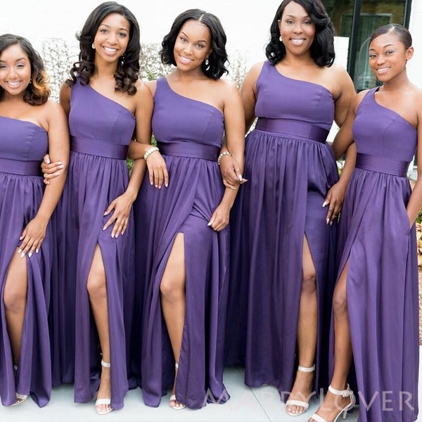 A-line Purple One Shoulder Long Custom Side Slit Bridesmaid Dresses, MRB0116