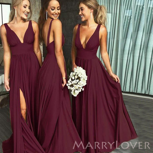 Deep V-neck Burgundy A-line Long Custom Side Slit Bridesmaid Dresses, MRB0118