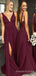 Deep V-neck Burgundy A-line Long Custom Side Slit Bridesmaid Dresses, MRB0118