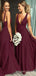 Deep V-neck Burgundy A-line Long Custom Side Slit Bridesmaid Dresses, MRB0118