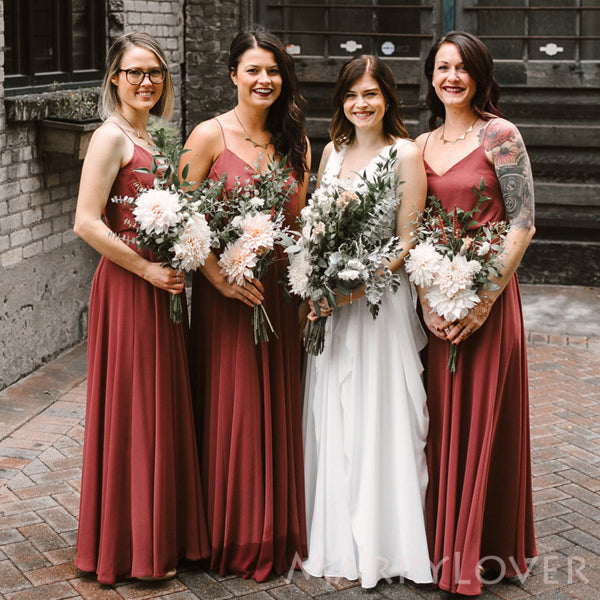 Simple Spaghetti Straps Rust A-line Long Custom V-neck Bridesmaid Dresses, MRB0119