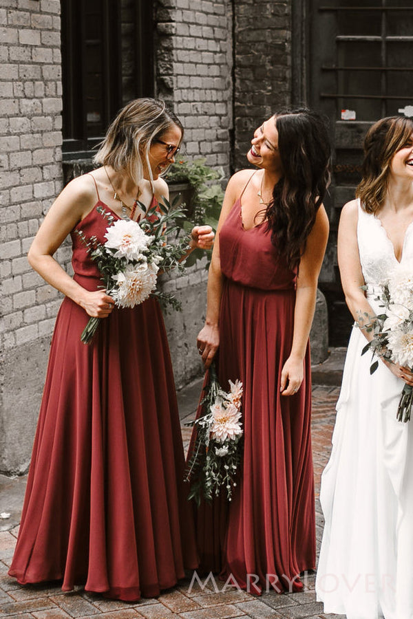 Simple Spaghetti Straps Rust A-line Long Custom V-neck Bridesmaid Dresses, MRB0119