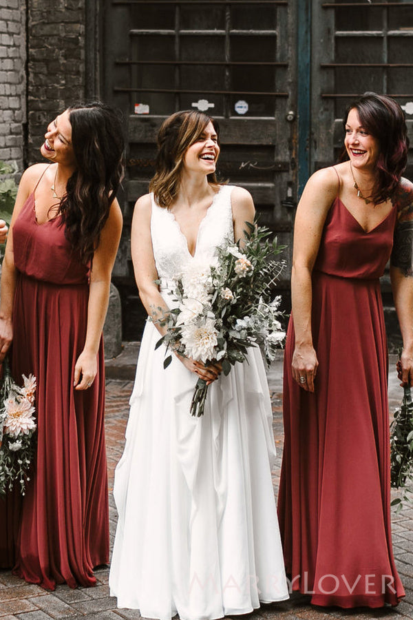 Simple Spaghetti Straps Rust A-line Long Custom V-neck Bridesmaid Dresses, MRB0119