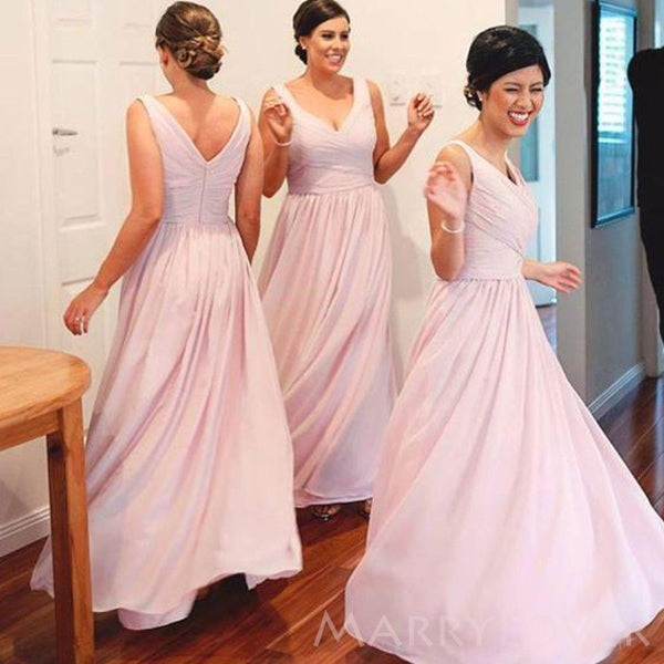 A-line Pink Chiffon Long Custom V-neck Bridesmaid Dresses, MRB0121