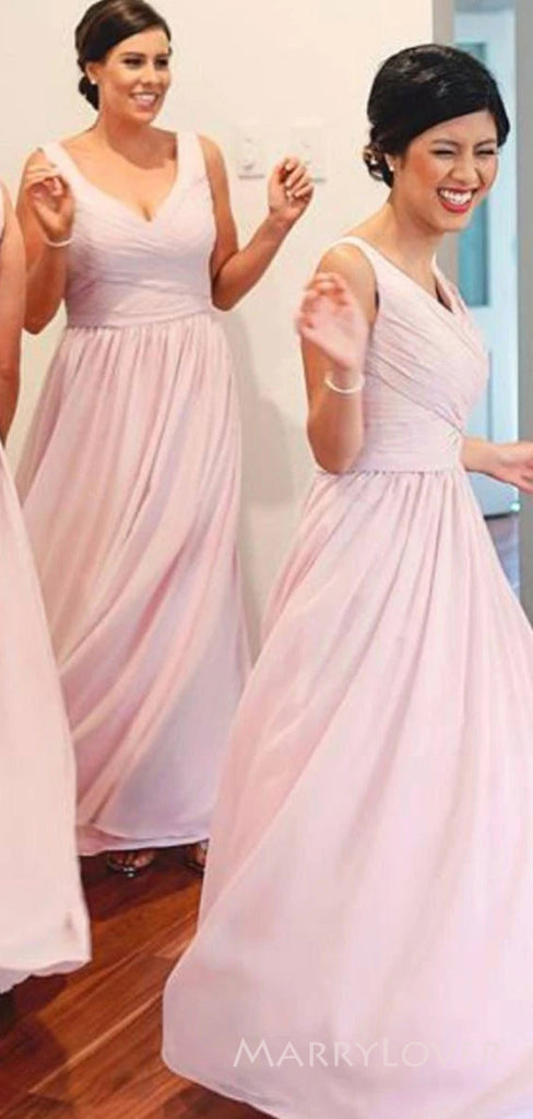 A-line Pink Chiffon Long Custom V-neck Bridesmaid Dresses, MRB0121