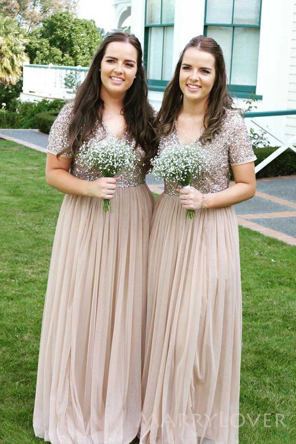 A-line Tulle Sequins V-neck Long Custom Short Sleeves Bridesmaid Dresses, MRB0122