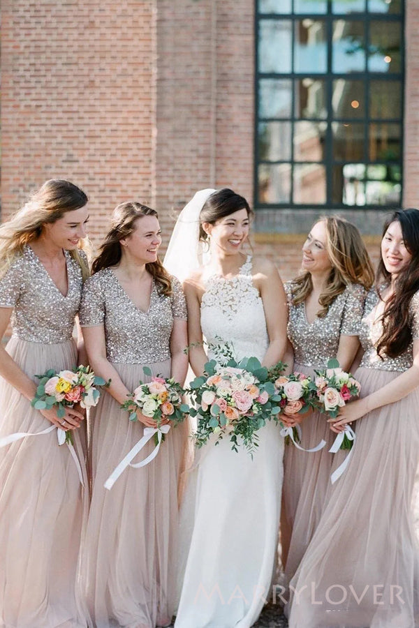 A-line Tulle Sequins V-neck Long Custom Short Sleeves Bridesmaid Dresses, MRB0122