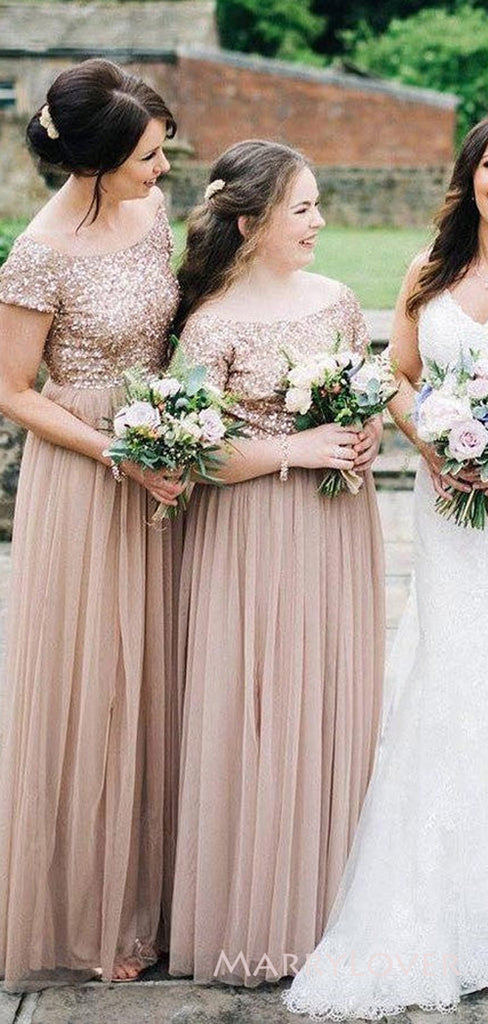 A-line Tulle Sequins V-neck Long Custom Short Sleeves Bridesmaid Dresses, MRB0122