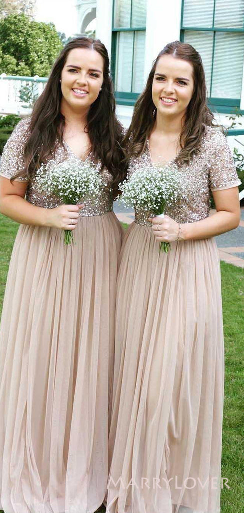 A-line Tulle Sequins V-neck Long Custom Short Sleeves Bridesmaid Dresses, MRB0122