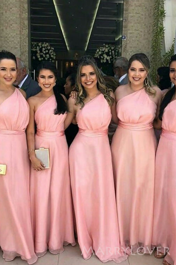 One Shoulder Pink Organza Long Custom A-line Bridesmaid Dresses, MRB0123