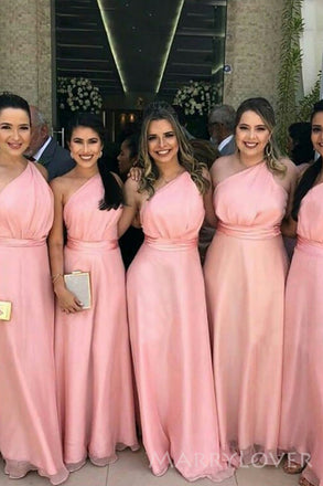One Shoulder Pink Organza Long Custom A-line Bridesmaid Dresses, MRB0123