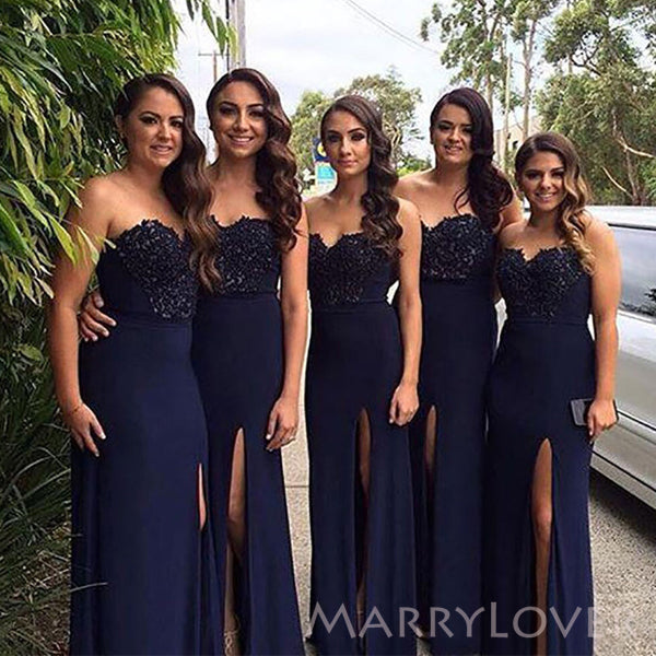 Sweetheart Navy Blue Mermaid Strapless Long Custom Bridesmaid Dresses, MRB0131