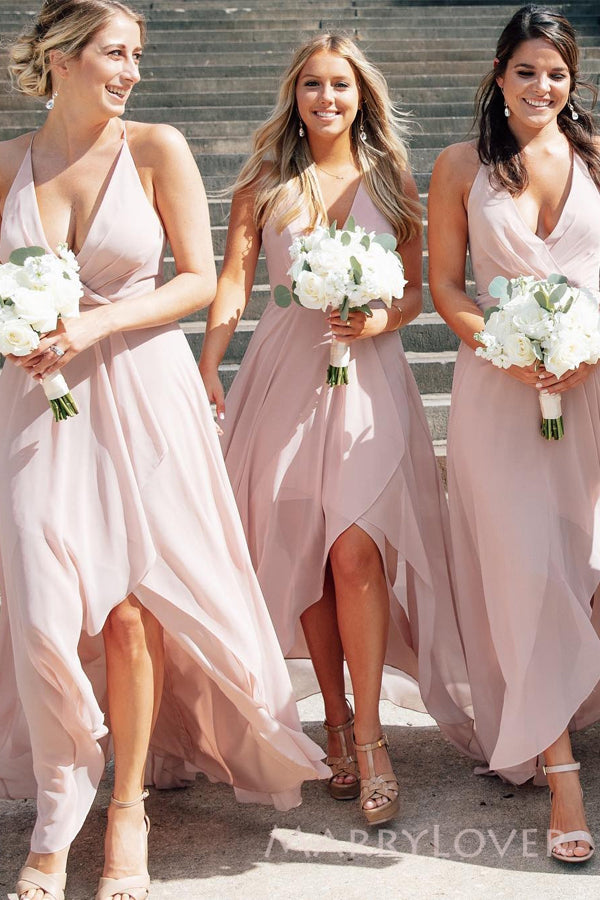 A-line Pink Chiffon V-neck Long Custom Spaghetti Straps Bridesmaid Dresses, MRB0136