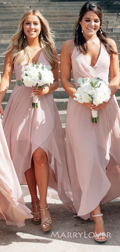 A-line Pink Chiffon V-neck Long Custom Spaghetti Straps Bridesmaid Dresses, MRB0136