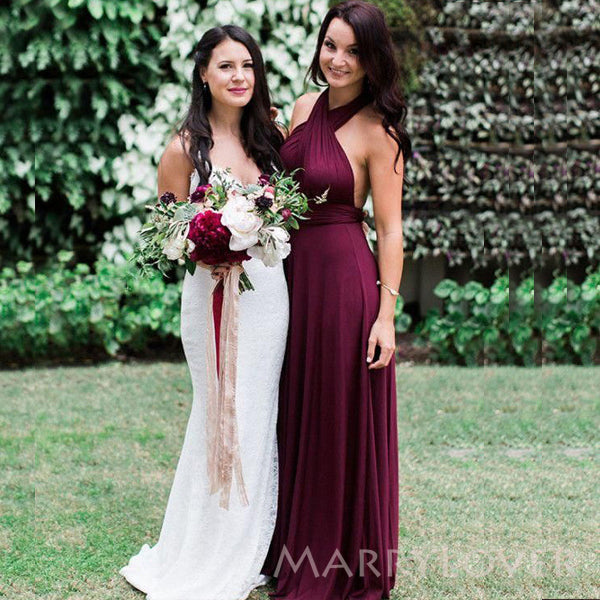 Sexy Burgundy Jersey Long Custom Halter Bridesmaid Dresses, MRB0137