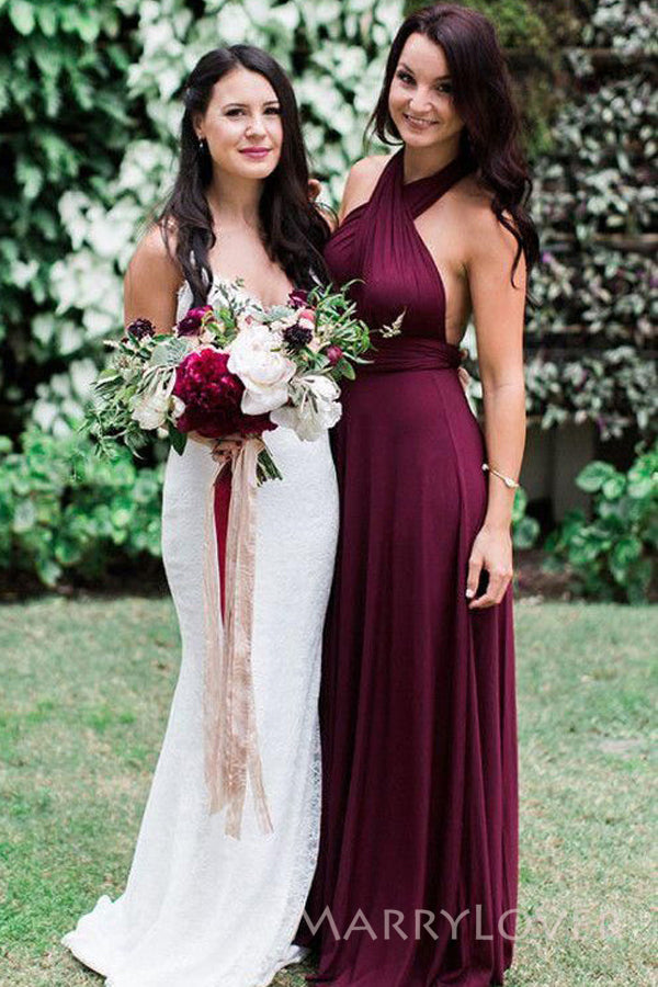 Sexy Burgundy Jersey Long Custom Halter Bridesmaid Dresses, MRB0137