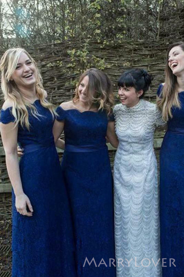 Off Shoulder Navy BLue Lace Long Custom Bridesmaid Dresses, MRB0141