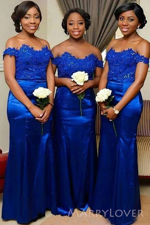 Royal Blue Satin Appliques Off Shoulder Mermaid Long Custom Bridesmaid Dresses, MRB0142