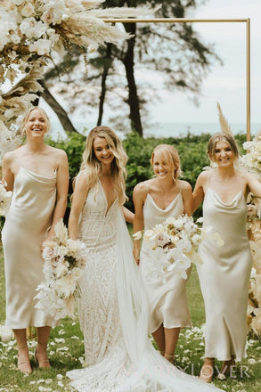 Simple Champagne Satin Spaghetti Straps Mermaid Long Custom Bridesmaid Dresses, MRB0143