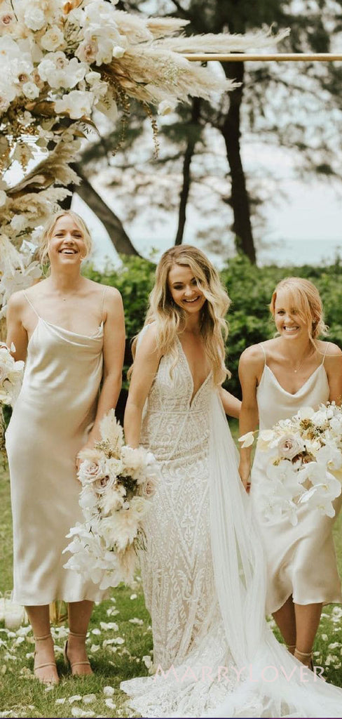 Simple Champagne Satin Spaghetti Straps Mermaid Long Custom Bridesmaid Dresses, MRB0143