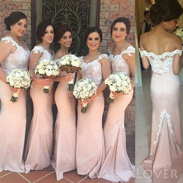 Off Shoulder Mermaid Appliques Long Custom Cheap Bridesmaid Dresses, MRB0144