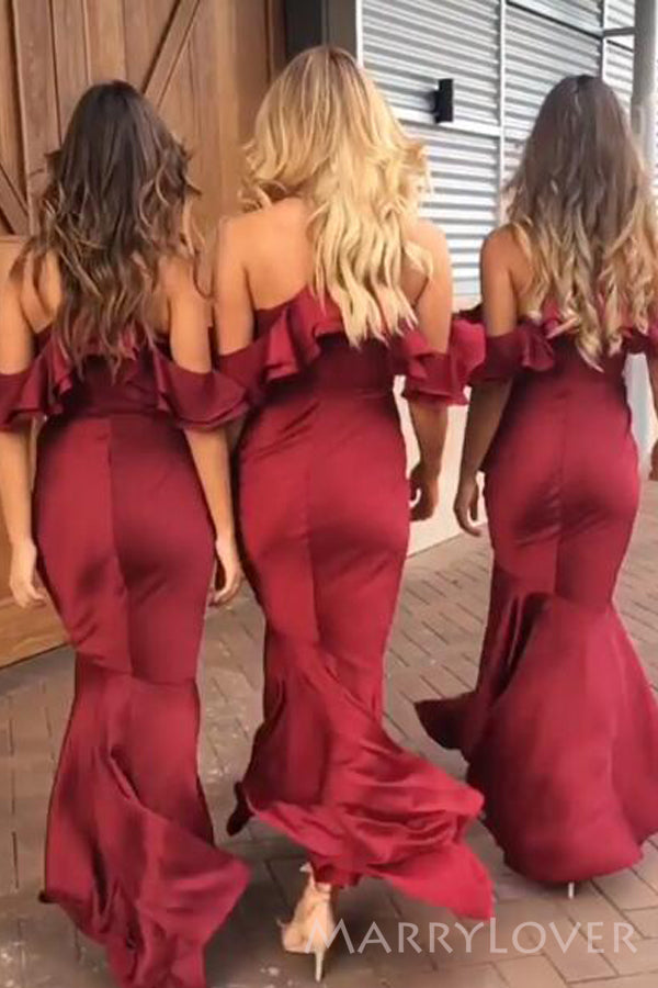 Deep V-neck Mermaid Satin Long Custom Spaghetti Straps Bridesmaid Dresses, MRB0146