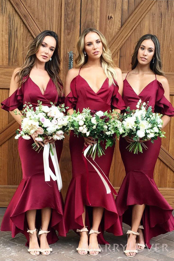 Deep V-neck Mermaid Satin Long Custom Spaghetti Straps Bridesmaid Dresses, MRB0146