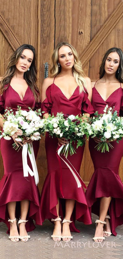 Deep V-neck Mermaid Satin Long Custom Spaghetti Straps Bridesmaid Dresses, MRB0146