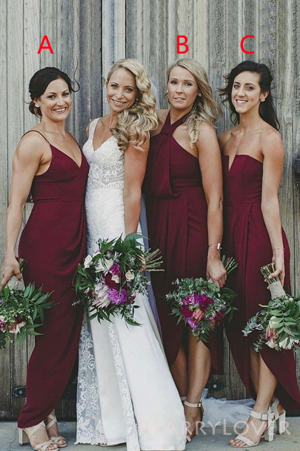 Mismatched Burgundy Side Slit Long Custom Bridesmaid Dresses, MRB0147