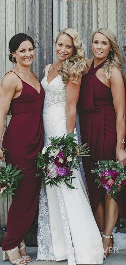 Mismatched Burgundy Side Slit Long Custom Bridesmaid Dresses, MRB0147