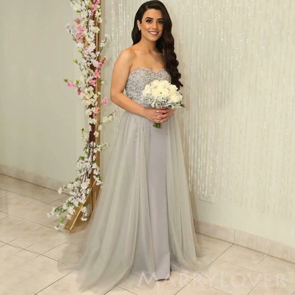 Strapless Grey Tulle Mermaid Long Custom Sweetheart Bridesmaid Dresses, MRB0150