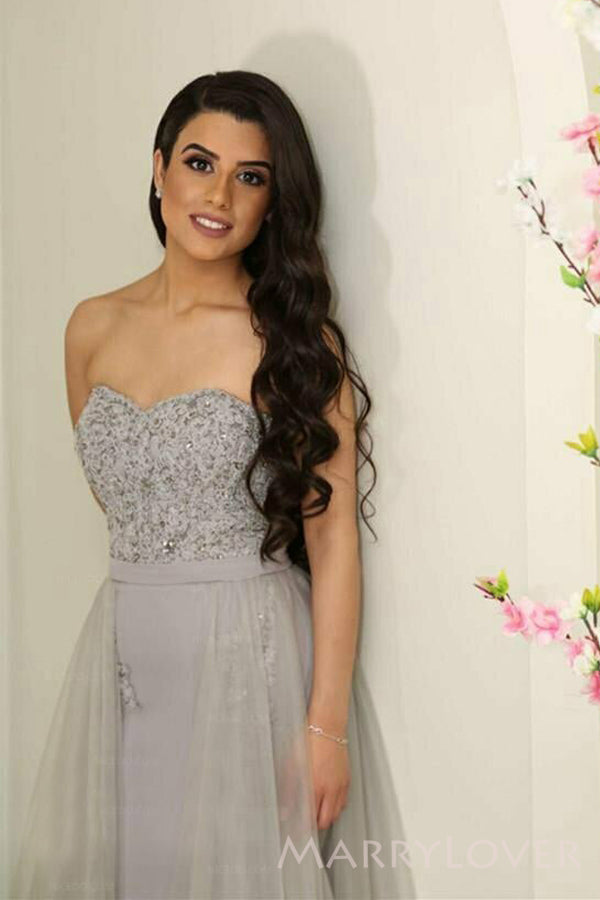 Strapless Grey Tulle Mermaid Long Custom Sweetheart Bridesmaid Dresses, MRB0150