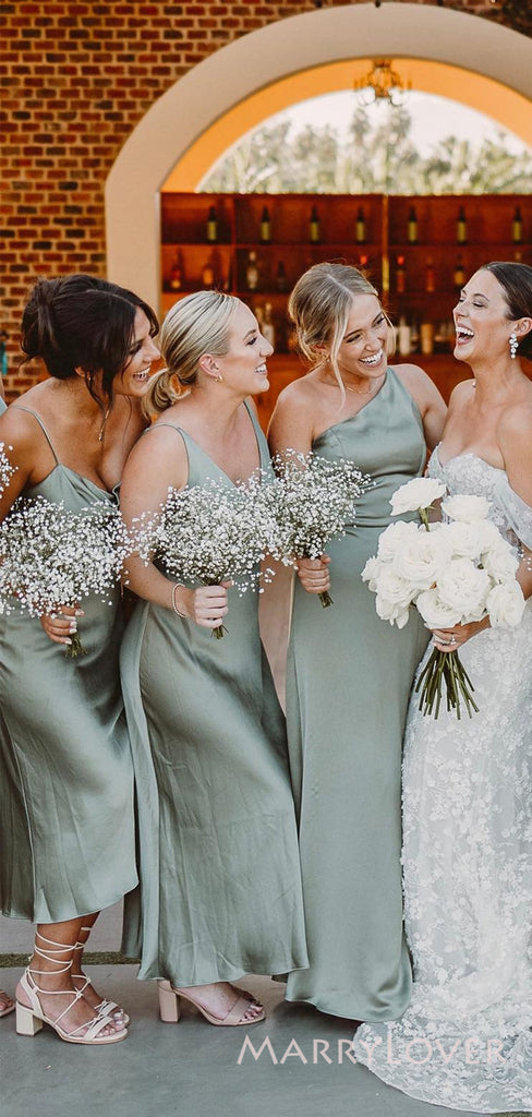 Mismatched Satin Spaghetti Straps Mermaid Long Custom Bridesmaid Dresses, MRB0152