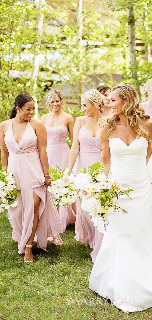 Mismatched Pink Chiffon Side Slit Long Custom Bridesmaid Dresses, MRB0153