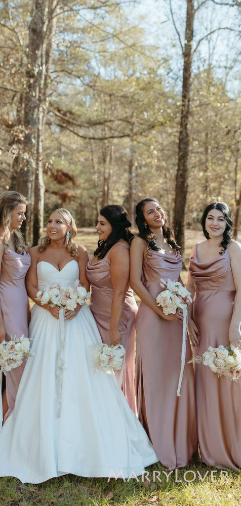 Mermaid Rose Gold Satin Spaghetti Straps Long Custom Bridesmaid Dresses, MRB0154