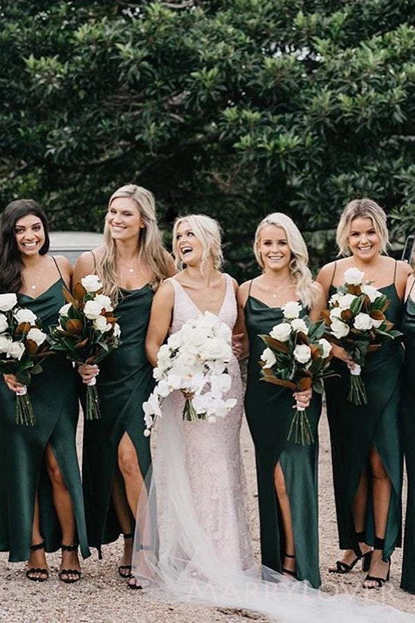 Simple Dark Green Satin Spaghetti Straps Long Custom Side Slit Bridesmaid Dresses, MRB0155