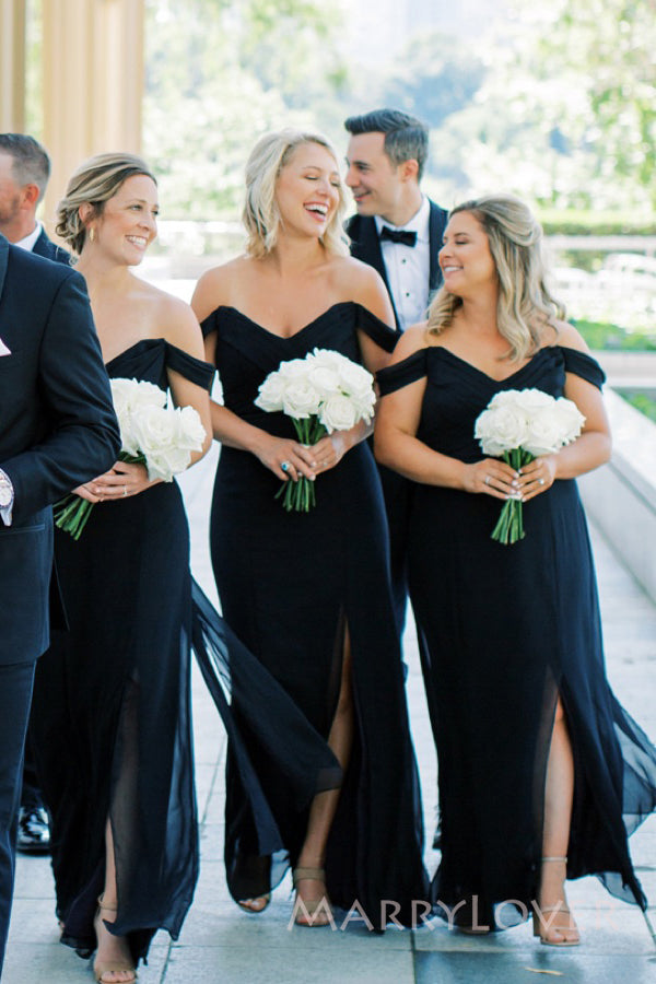 Black Chiffon Mermaid Off Shoulder Long Cheap Custom Side Slit Bridesmaid Dresses, MRB0158