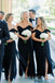 Black Chiffon Mermaid Off Shoulder Long Cheap Custom Side Slit Bridesmaid Dresses, MRB0158